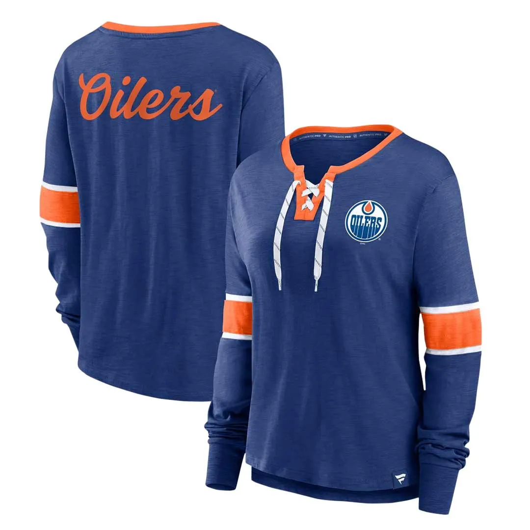Fanatics - T-shirt manches longues à lacets pour femmes des Oilers d'Edmonton (3ZCD 893N 2GI 3NB)