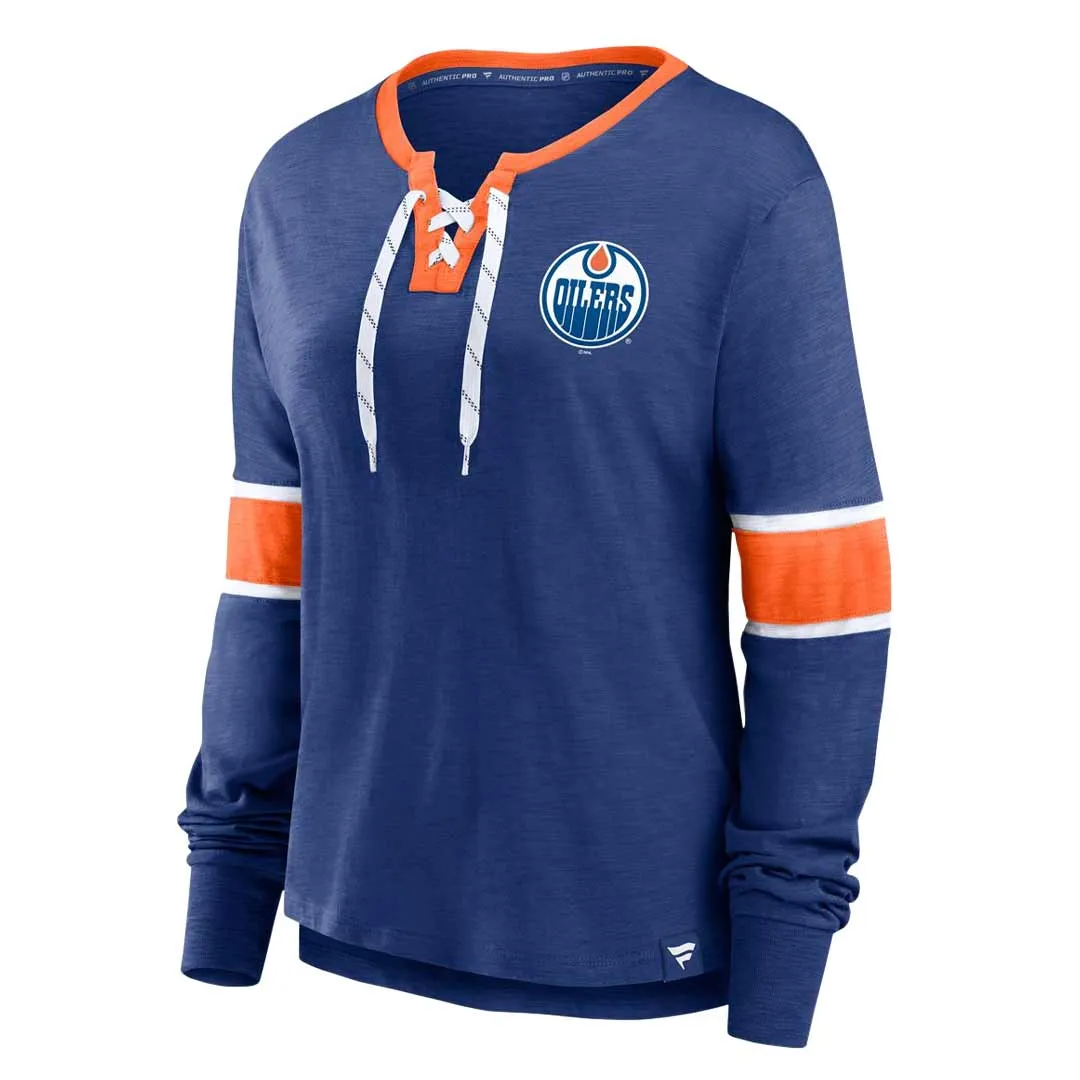 Fanatics - T-shirt manches longues à lacets pour femmes des Oilers d'Edmonton (3ZCD 893N 2GI 3NB)